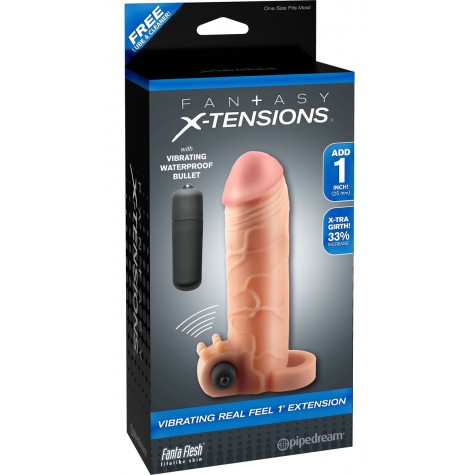 Телесная вибронасадка с кольцом Vibrating Real Feel 1 Extension - 14 см.